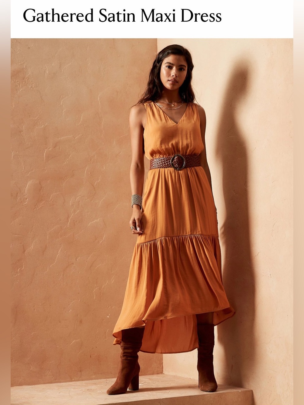 Banana Republic Gathered Satin Maxi Dress in Autumn Morning, Medium